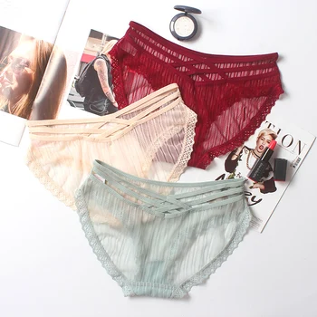 

Sexy Lace Women Panties Breathable Comfortable Low Waist Transparent Briefs Stitching Hollow Seamless Cotton Girl Underwear