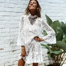 

Donsignet New Beach Holiday Embroidered Lace Blouse for Women Sexy Gauze Ruffled Sleeve Beach Dress for Women