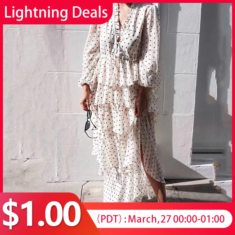 

Jastie Polka Dot Print Dress V-Neck Ruffle Chiffon Dress Hippie Chic Women Boho Dress Spring Long Sleeve Maxi Dresses 27-0-1