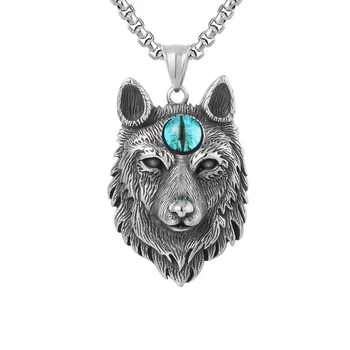 

Punk 316L stainless steel blue eye new design howling wolf pendant necklace viking men celt Charm Fashion jewelry Boys gift