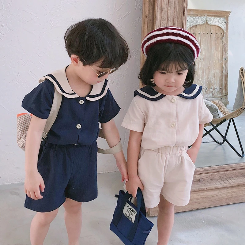 Kids Clothing Set Summer Korean Style Kids Sailor Collar Cotton Linen 2Pcs Suits Short Sleeve T Shirt + Shorts