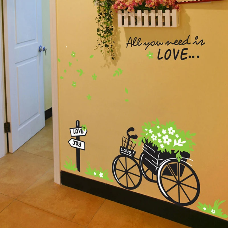 MAMALOOK Romantic Flower bike Love Wall Sticker Bedroom Living Room Background Home Decoration Stickers On Wall Mural Art Decals