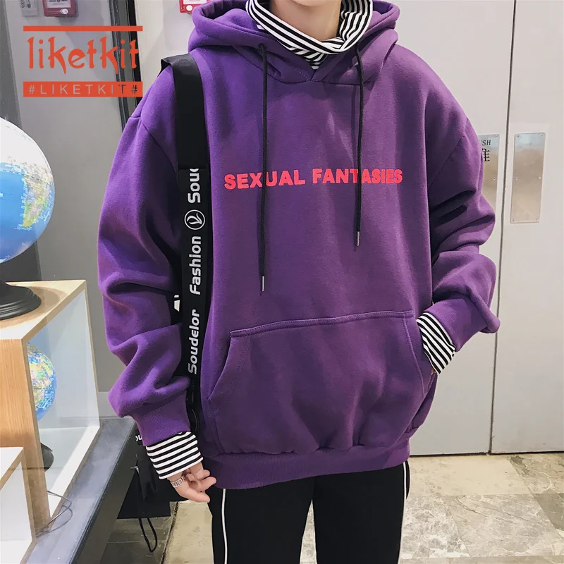 

Liketkit Mens Casual Hoodies 2019 Printed Oversize Fleece Thick Sweatshirts Male Loose Fake Two Pieces Purple Streetwear Winter