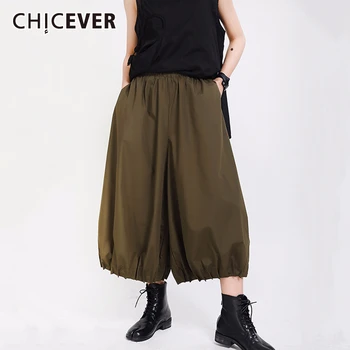 

CHICEVER Women's Trouser Elastic High Waist Pockets Free Size Loose Pleated Wide Leg Pants Female 2020 Summer Streetwear Fashion