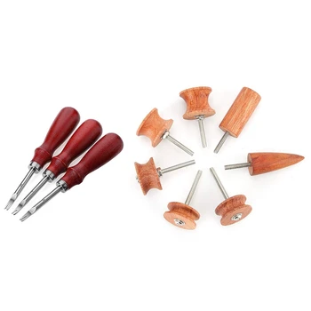 

New 7Pcs Leather Burnisher Pointed Tip Leather Slicker Tool & 3 Pcs Leather Edge Bevelers, Wood Handle Leather Tools