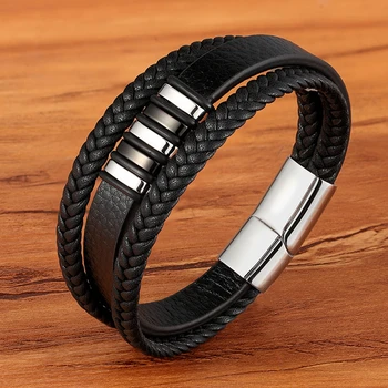 Multi-layer 4 colors Selection Hand-woven Accessories Combination Men’s Stainless Steel Leather Bracelet Valentine’s Day Gift
