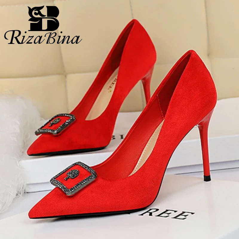 

RIZABINA 5 Colors Women Pumps Shoes Fashion Crytal Pointed Head Shoes Women Button Thin High Heel Casual Footwear Size 34-43