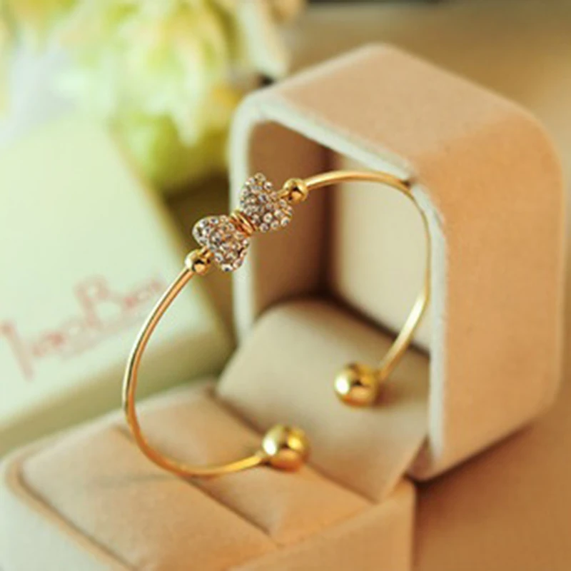 Women's Heart and Bowknot Cuff Bracelet Bangles Crystal Jewelry