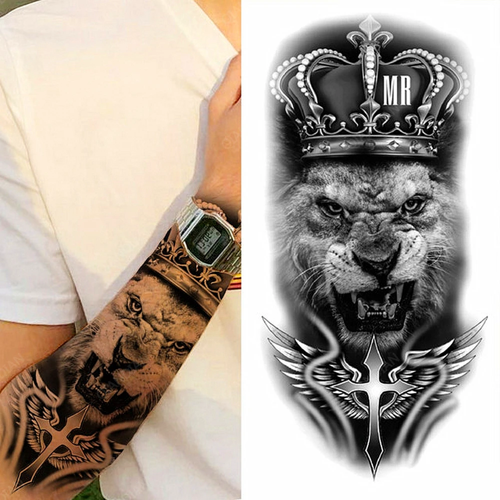 1pc Animal Lion Men Waterproof Temporary Tattoos Fake Stickers Arm Cool Art  Big Hipster Black Cross Wings King Crown Ferocious - Temporary Tattoos -  AliExpress