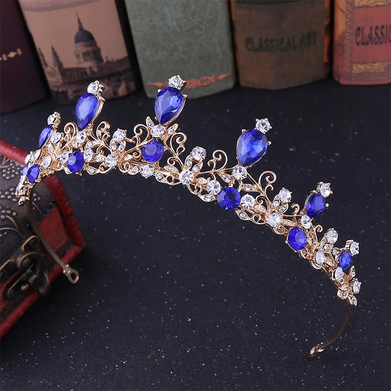 

High Fashion Simple Blue Gold Red Water Drop Rhinestone Tiaras Crown Royal Princess Queen Bride Noiva Wedding Hair Jewelry