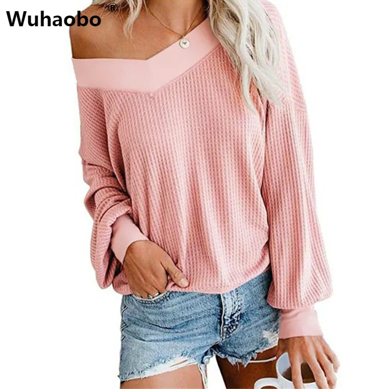 

Wuhaobo Multicolor Fashion Sweaters Autumn Winter Sexy V-Neck Pure Color Long Sleeve Knitted Tops Women Pullover Loose Sweater