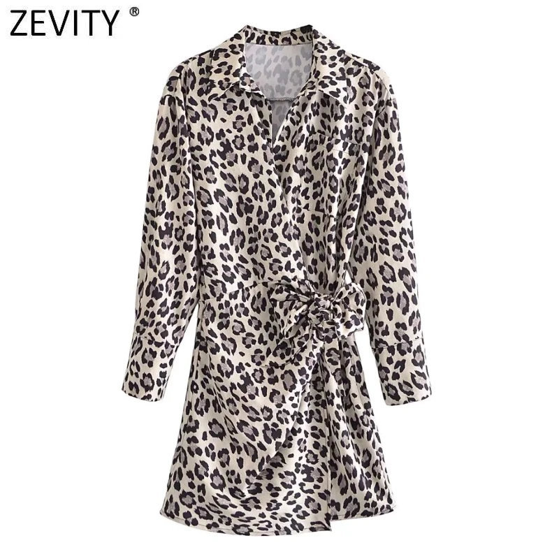 ZEVITY New Women Vintage Leopard Print Side Bow Tied Kimono Mini Dress Lady Chic Pocket Patch Casual Slim Party Vestidos DS9227 | Женская
