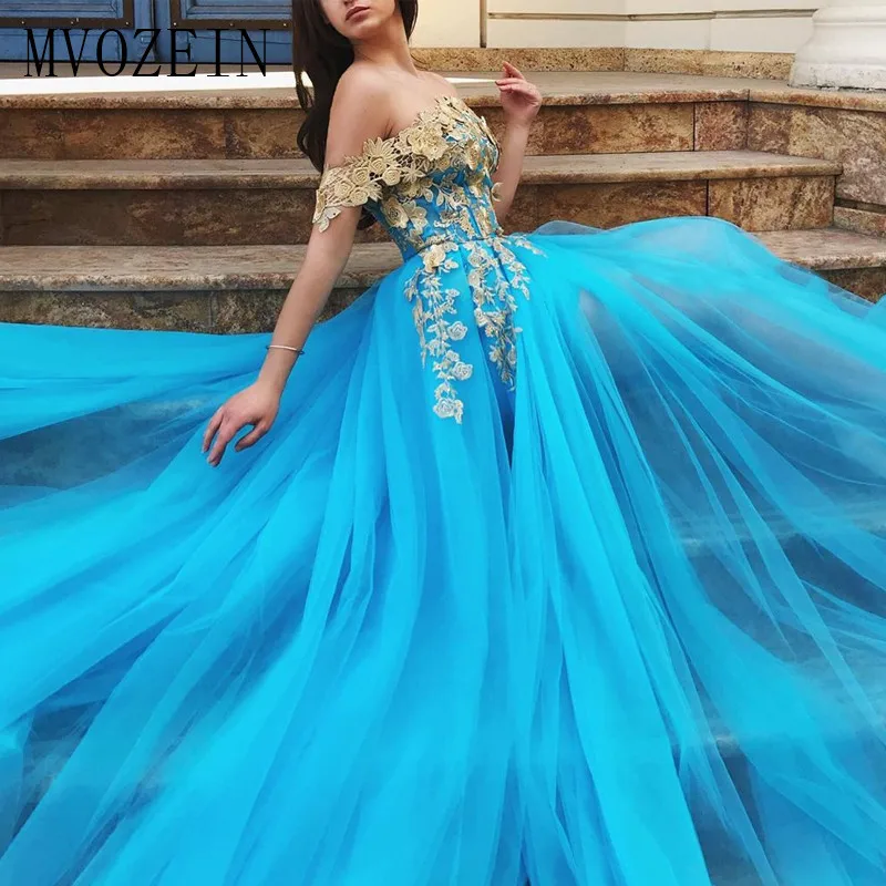 

MVOZEIN Blue Evening Dresses Tulle A-Line Off The Shoulder High Split Long Evening Dress Formal Gowns vestido de festa Longo