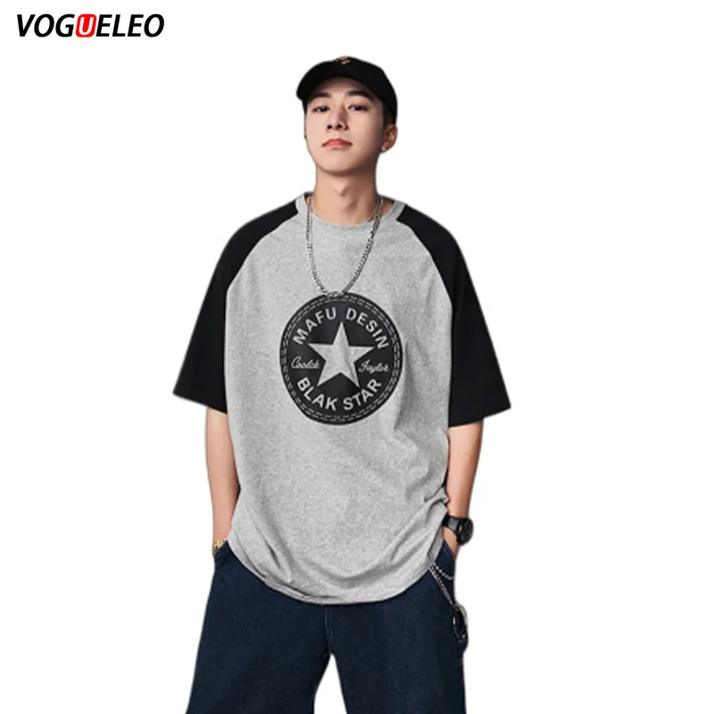 

VOGUELEO 2019 New Style Fashion Short Sleeves T-shirt Summer Flower Print Casual Loose Oversize Solid Men ClothingCotton O-Neck