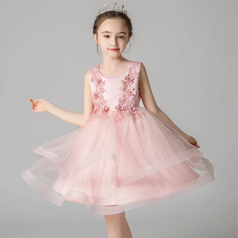 Skyyue/платье с цветочным узором для девочек, свадебная аппликация, Белое Бальное Платье из фатина, Детские вечерние платья для причастия, круглый вырез, 4 цвета, От 3 до 8 лет, A01