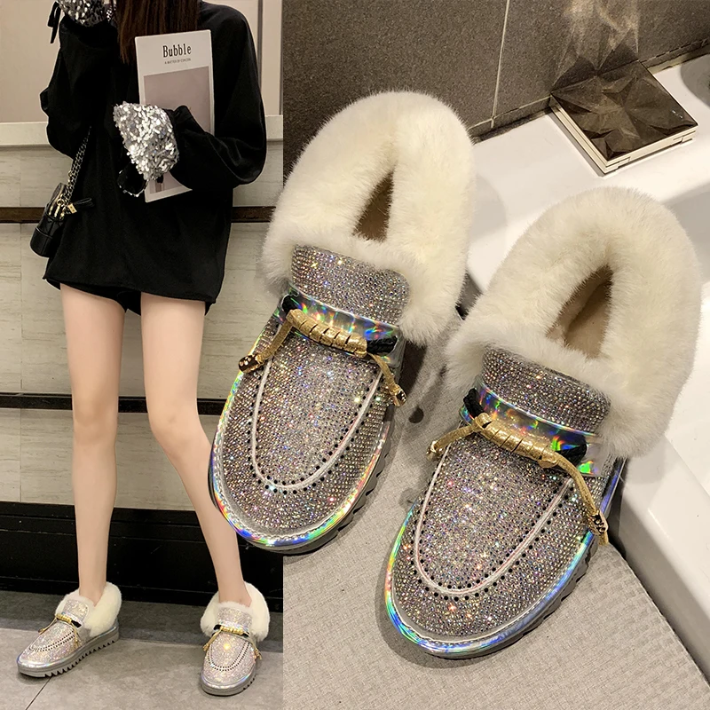 Rimocy/Шикарные Длинные плюшевые зимние ботинки с кристаллами; коллекция года; зимние ботинки на платформе с густым мехом; женская обувь без шнуровки на плоской подошве с хлопковой подкладкой; женская обувь