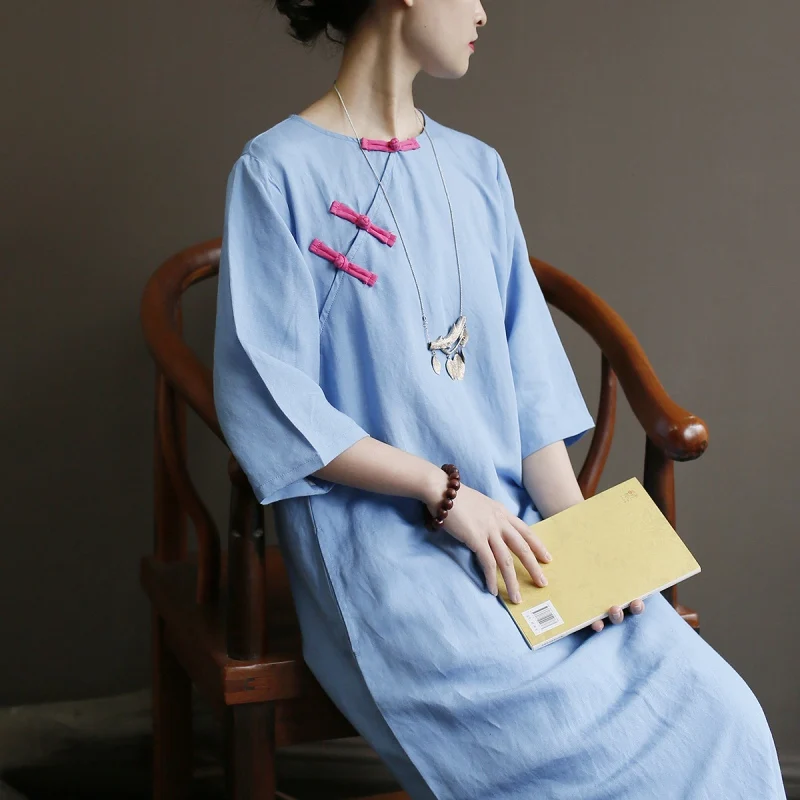 light blue Летнее женское платье из хлопка и льна, женское длинное платье в китайском стиле, однотонное винтажное платье с круглым вырезом, Крутое Повседневное платье, новинка, A439 - Цвет: light blue