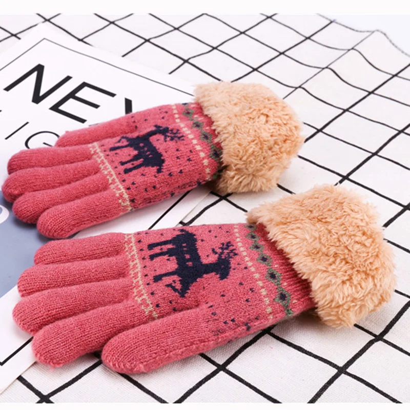 Осень-зима, теплые детские перчатки, новые плюшевые и плотные однотонные вязаные детские перчатки с рисунком рождественского оленя