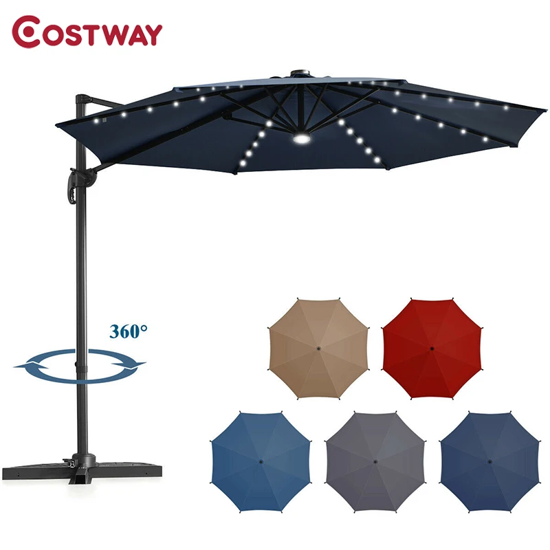 10 Ft Patio Offset Cantilever Umbrella With Solar Lights 35 Leb Bulbs Cross Base