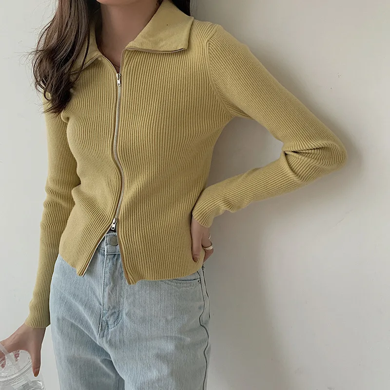 

2020 Autumn New Style Korean-style Fold-down Collar Knitted Zipper Cardigan Women Soft Waxy Skin Sunken Stripe Versatile Tops