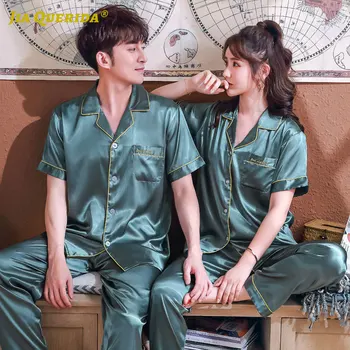 

Couple New Pajamas Set Green Sleepwear Homesuit Homeclothes Fashion Style Casual Style Short Sleeve Long Pants Turn Down Collar