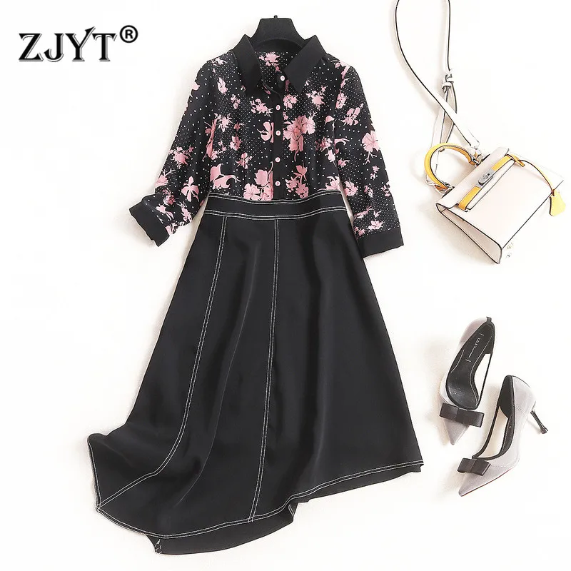 

Top Fashion Lady Spring Dress 2020 New Runway Designers Women Elegant Floral Print Chiffon Patchwork Asymmetrical Dress Black