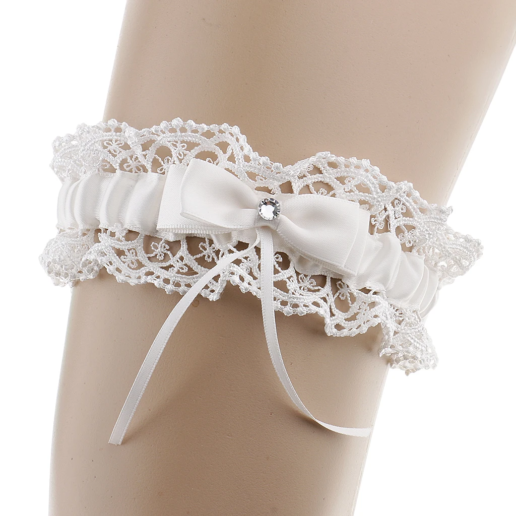 Beige Lace Bowknot Rhinestone Wedding Garter Gift Bride Bridesmaid Accessory