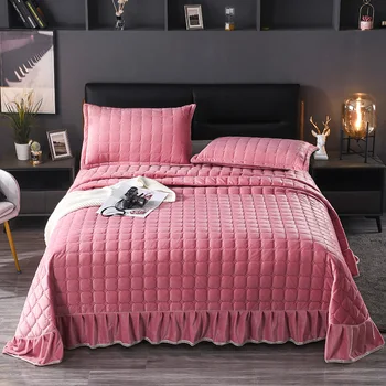 

Pale Mauve Red Yellow Gray Blue Soft Crystal Velvet Fleece Quilted Ruffle Bedspread Coverlet Bed Cover Set Bed Sheet Pillowcase