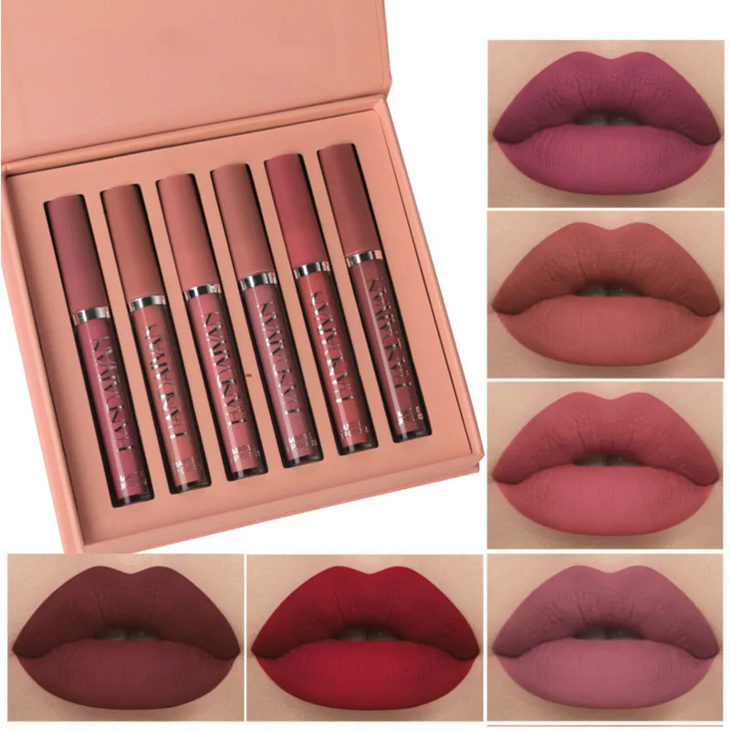 Набор матовой жидкой помады телесного цвета 6 шт. водостойкий стойкий комплект с