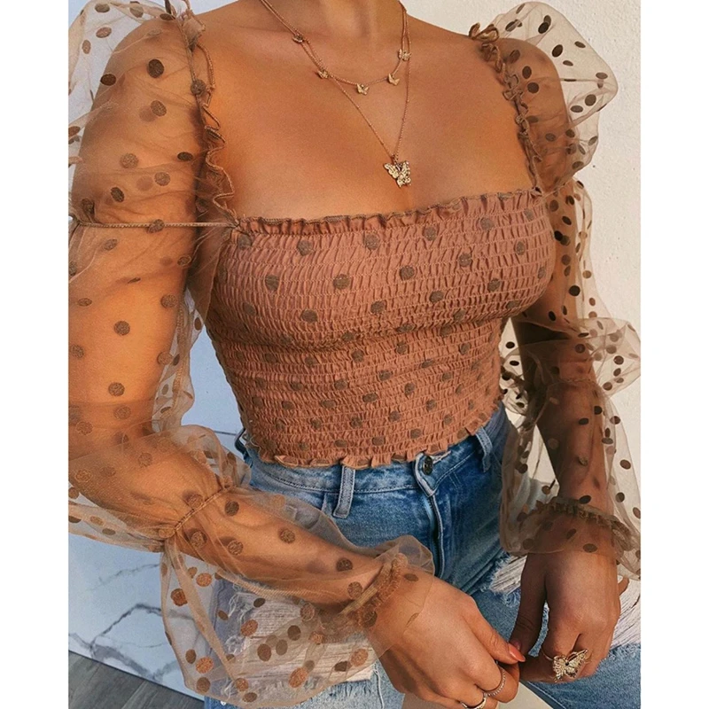 Sexy Women Square neck Lace See-through Polka Dot Puff Long Sleeve Elastic Crop Top Female Blouse Shirts Evening Party clubwear Sexy Women Square neck Lace See-through Polka Dot Puff Long Sleeve Elastic Crop Top Female Blouse Shirts Evening Party clubwear