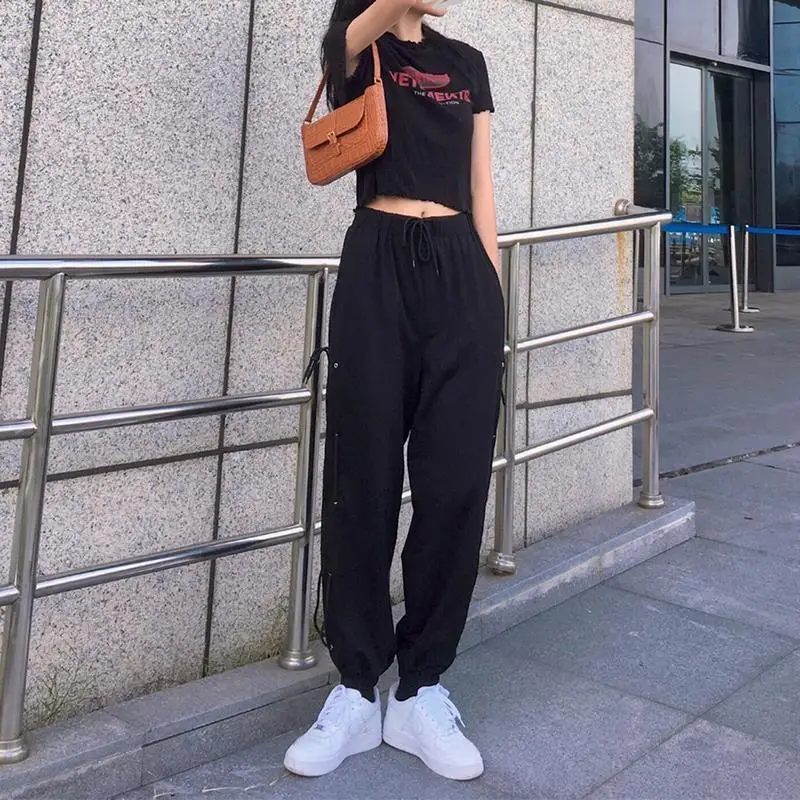 Тренировочные брюки Harajuku Женские Мешковатые корейские модные джоггеры черные