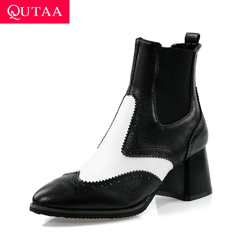 QUTAA/ г. Модные Разноцветные ботильоны из искусственной кожи женская обувь без застежки с острым носком повседневные полусапожки на квадратном каблуке размер 34-43