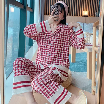 

Korean Kawaii Pajama Set Women Autumn Long Sleeve Print Casual Sleep Tops Pants Plus Size Loose Plaid Cardigan Sleepwear Suit