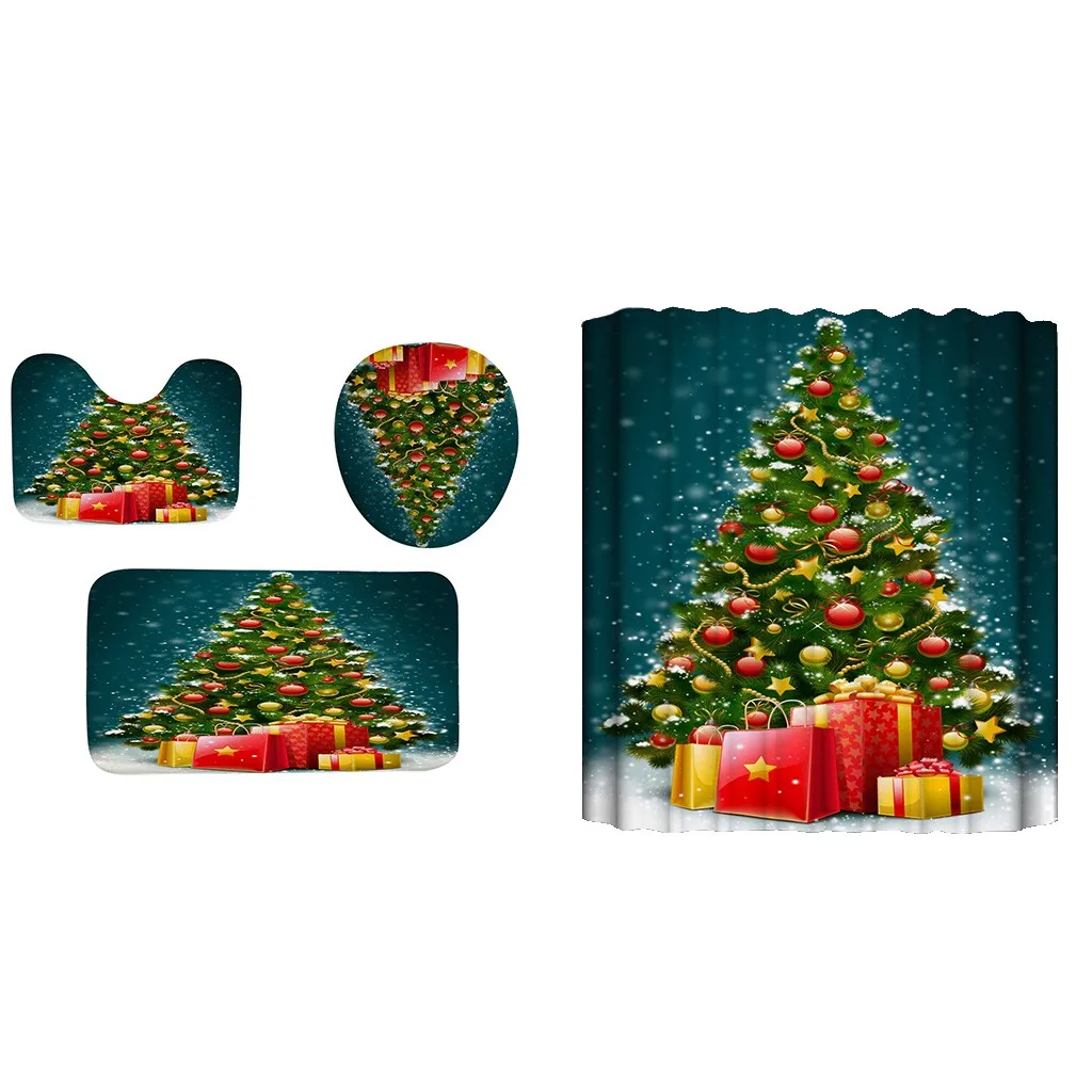4Pcs Christmas shower Curtain Bathroom Anti-slip Carpet Rug Toilet Cover Mat Set Mat in Door mat Christmas Santa Claus Mat
