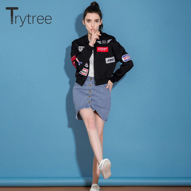 Trytree осень зима женская блузка повседневное пальто с круглым вырезом на молнии с буквенной аппликацией модное офисное женское черное короткое пальто Топы
