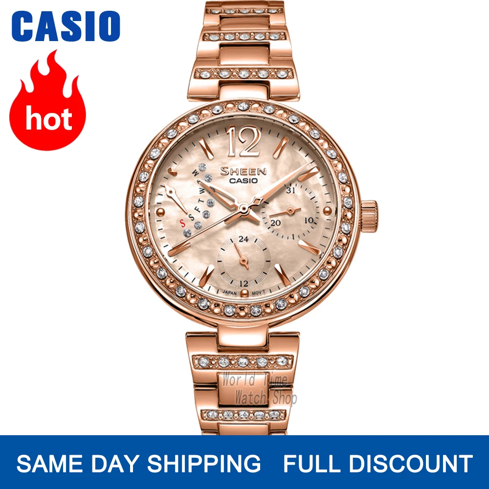 Часы Casio SHEEN женские часы Swarovski Crystal топ класса люкс комплект 50м Водонепроницаемые