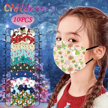 

10PCS Kids Christmas Tree Snowmen Printed Mouth Mask Reusable Washable Breathable Face Mask Three Layer Protective Face Cover