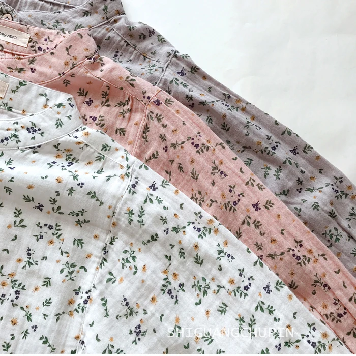2020 New Summer Women Cotton yarn Blouse Japan Style Mori Girl Floral Print Stand Collar Three Quarter Sleeve Women Shirt 6