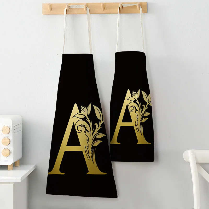 Letter Apron for Women Cotton Linen Bibs Household Cleaning Pinafore Black Golden Flower Kitchen Aprons Home Cooking Kid Aprons
