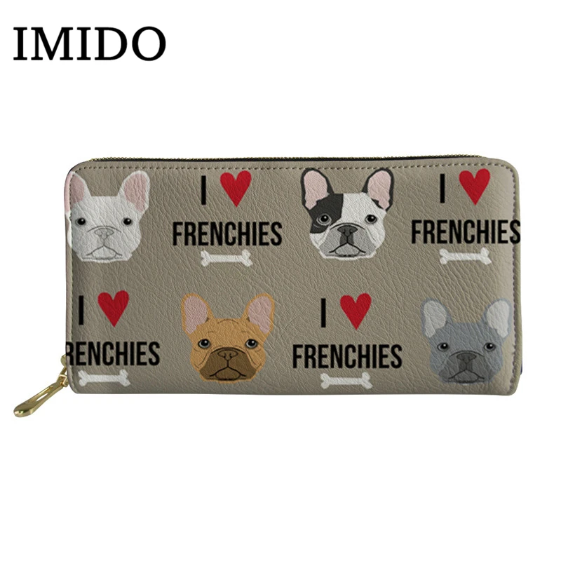 

IMIDO PU Leather Wallet Lady Cartoon French Bulldog Print Wallet For Women Ladies Long Zip Wallet Coin Purse Card Package 2019