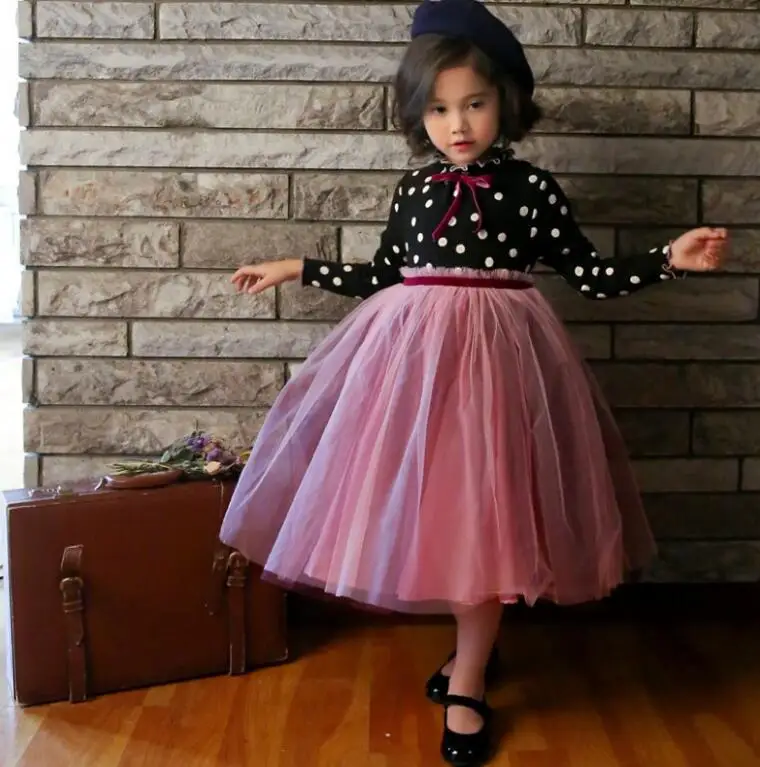 

2019 New Children Baby Fall Dot Mesh Dresses, Girls Princess Elegant Clothes 6 pcs/lot, Wholesale