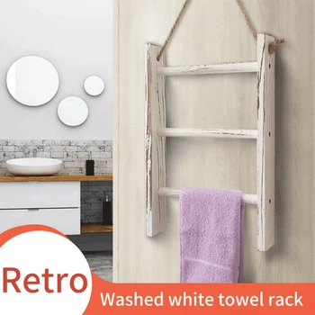 

3 Tiers Wooden Towel Rack With Rope Space Saving Kitchen Wall Hanging Blankets Bedroom Retro Whitewashed Bathroom Storage Ladder