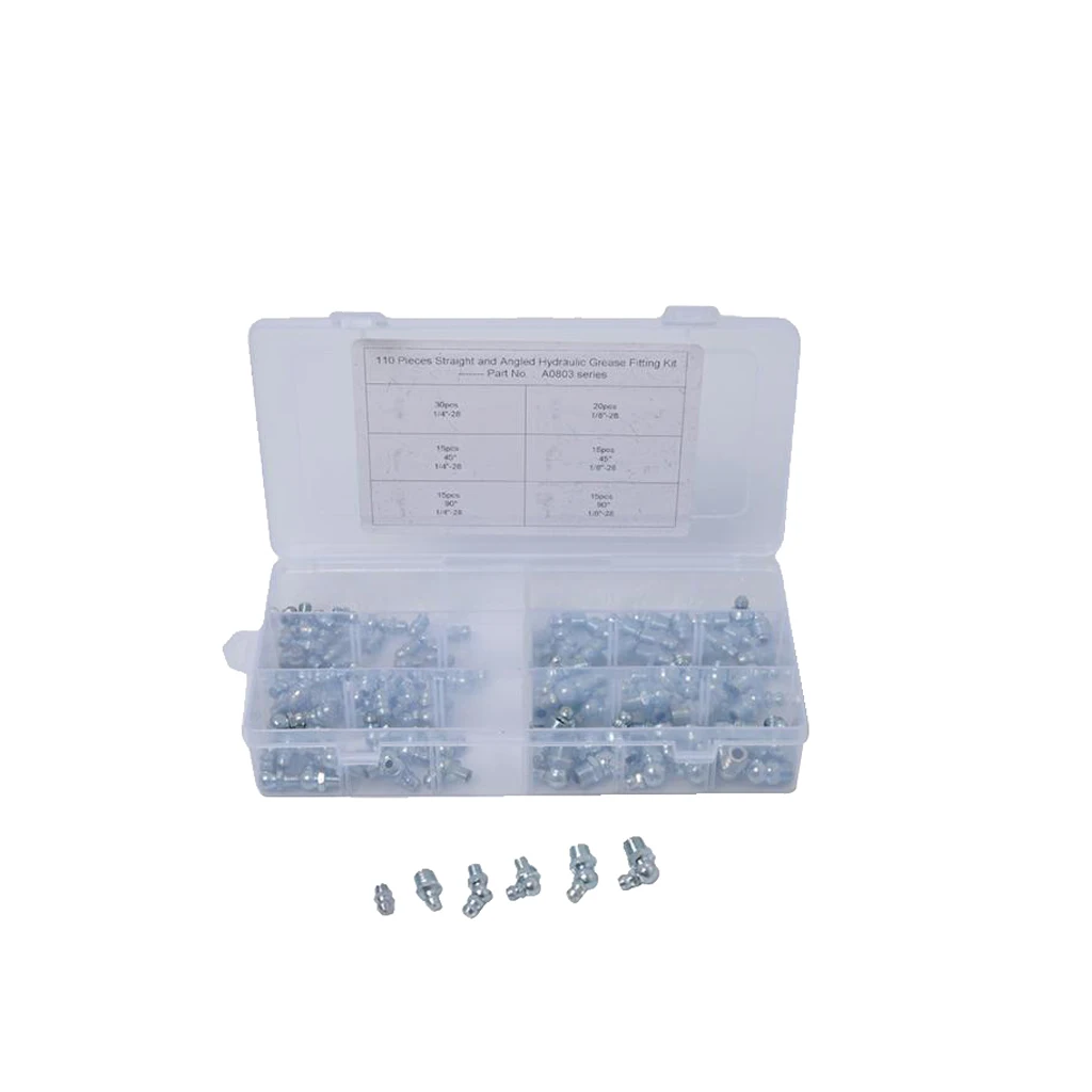 110pcs 1/4'' 1/8'' Hydraulic Grease Zerk Fitting SAE Kit for Machinery, Automobile, Bearing Seat, Joint, Marine Equipment
