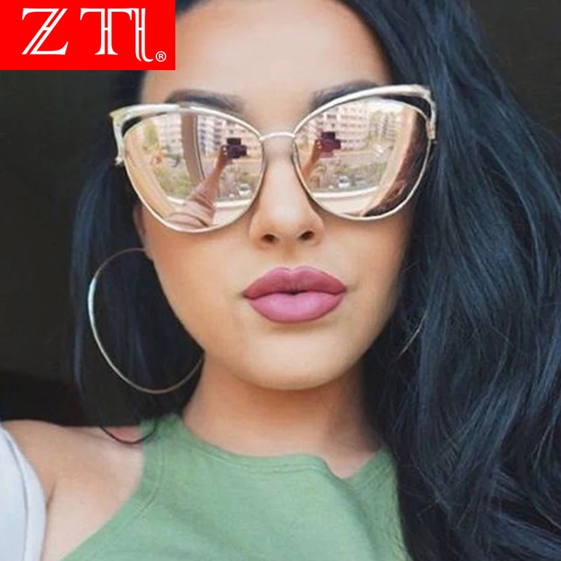 

ZT Brand Designer Women Cateye Mirror Lens Coating UV400 Sunglasses Classic Metal Frame Ladies Cat Eye Gradient Sunglasses