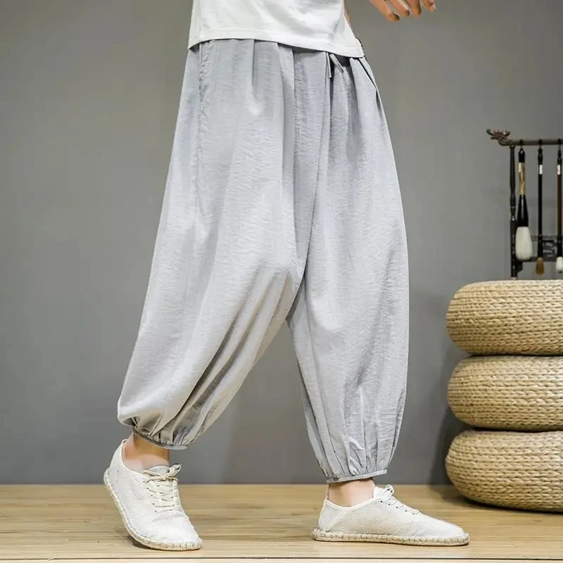 Fashion Men's Pants Harem Casual Baggy Hakama Linen Japanese Samurai Pants  Male