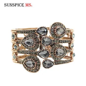 

SUNSPICEMS Turkish Retro Vintage Women Cuff Bangle Antique Gold Color Bohemia Ethnic Wedding Jewelry Indian Gray Stone Bracelet