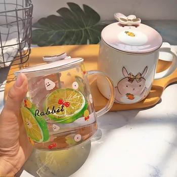 

Cartoon Cute Bow Rabbit Glass Transparent Heat Resistant Tea Cups with Lid Snoop 500ml Large Capacity Milk Coffee Cup Juice Mugs