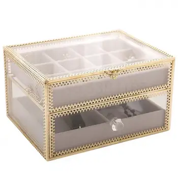 

Retro Golden Glass Jewelry Box Jewelry Watch Finishing Box Double Necklace Receiving Frame Desktop Receiving