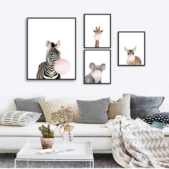 

Cartoon Blowing Bubble Gum Animal Poster Zebra Giraffe Decorative Picture Modern Wall Art Paintings For Home Decorations