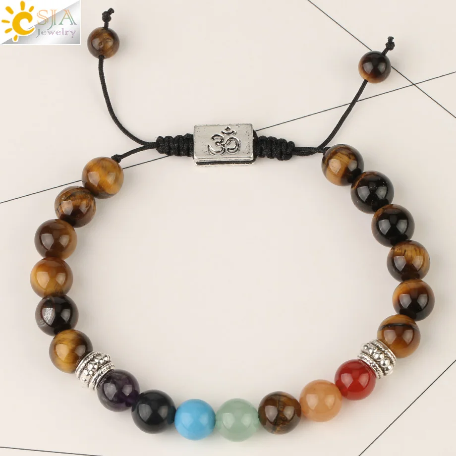 Tiger Eye Csja 7 Чакра натуральные камни плетеные браслеты рейки Баланс йога 3D символ ом регулируемые Подвески Strand браслет для женщин G186 - Окраска металла: Tiger Eye